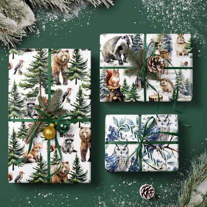 WRAPAHOLIC Kraft Christmas Wrapping Paper Roll - Mini Roll - 3 Rolls - 17 Inch x 120 Inch Per Roll - White Wild Animals Winterfall Watercolor Holiday Collection
