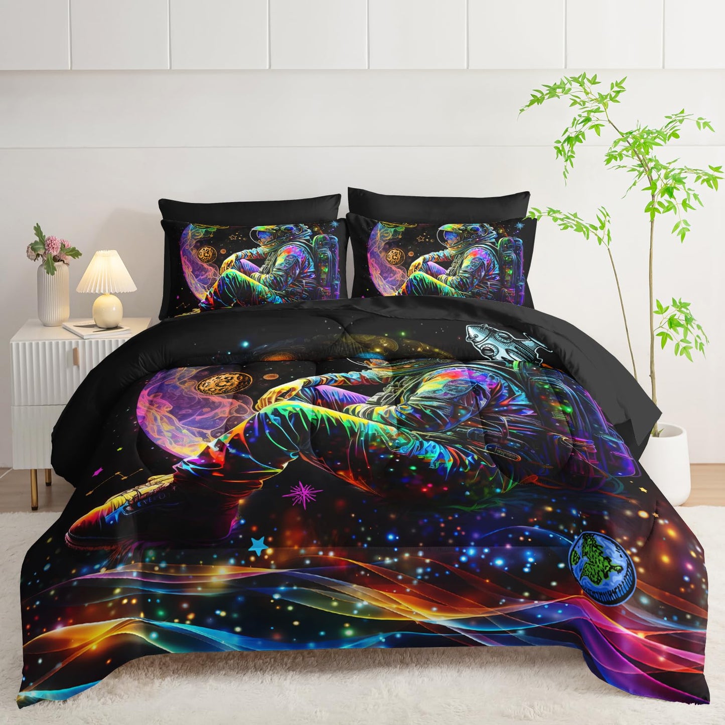 AILONEN Astronaut Space Comforter Set Queen - 7Pcs Soft Bed in a Bag - Rocket Planet Spacemen Comforter,Fitted Sheet,Flat Sheet,2 Pillowcases,2 Pillow Shams for Room Decor