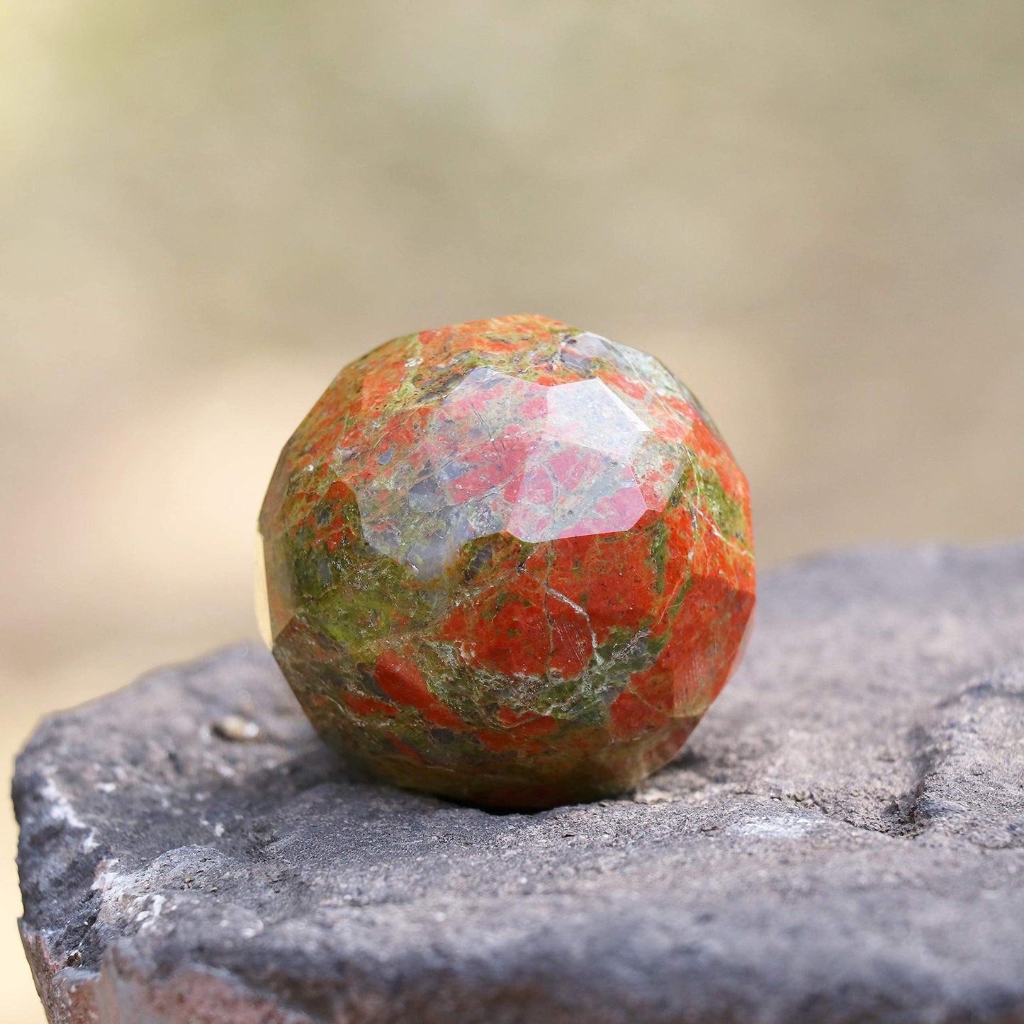 Crocon 45mm Unakite Diamond Cut Stone Sphere Ball with Metal Stand 1400+ Carats Gemstone Ball Healing Ornament Rock Sphere Sculpture Figurine for Fengshui Divination Crystal Home Decor Photography