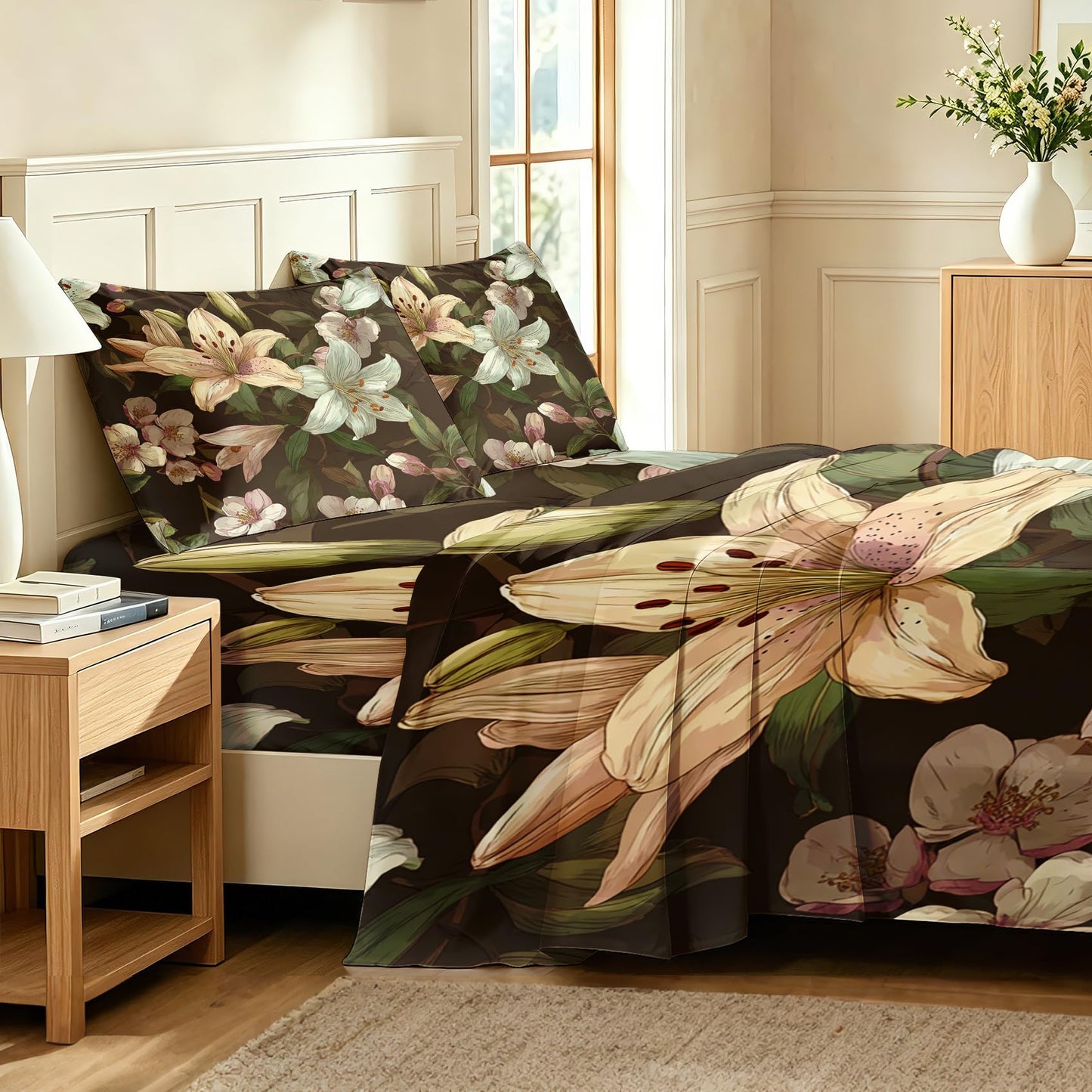 Lily Floral Sheet Set, 4 Pcs Full Size Botanical Bed Sheets