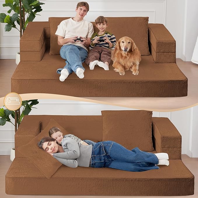 Folding Bean Bag Chair for Adults, 3-in-1 Bean Bag Couch Faux Fur Floor Sofa