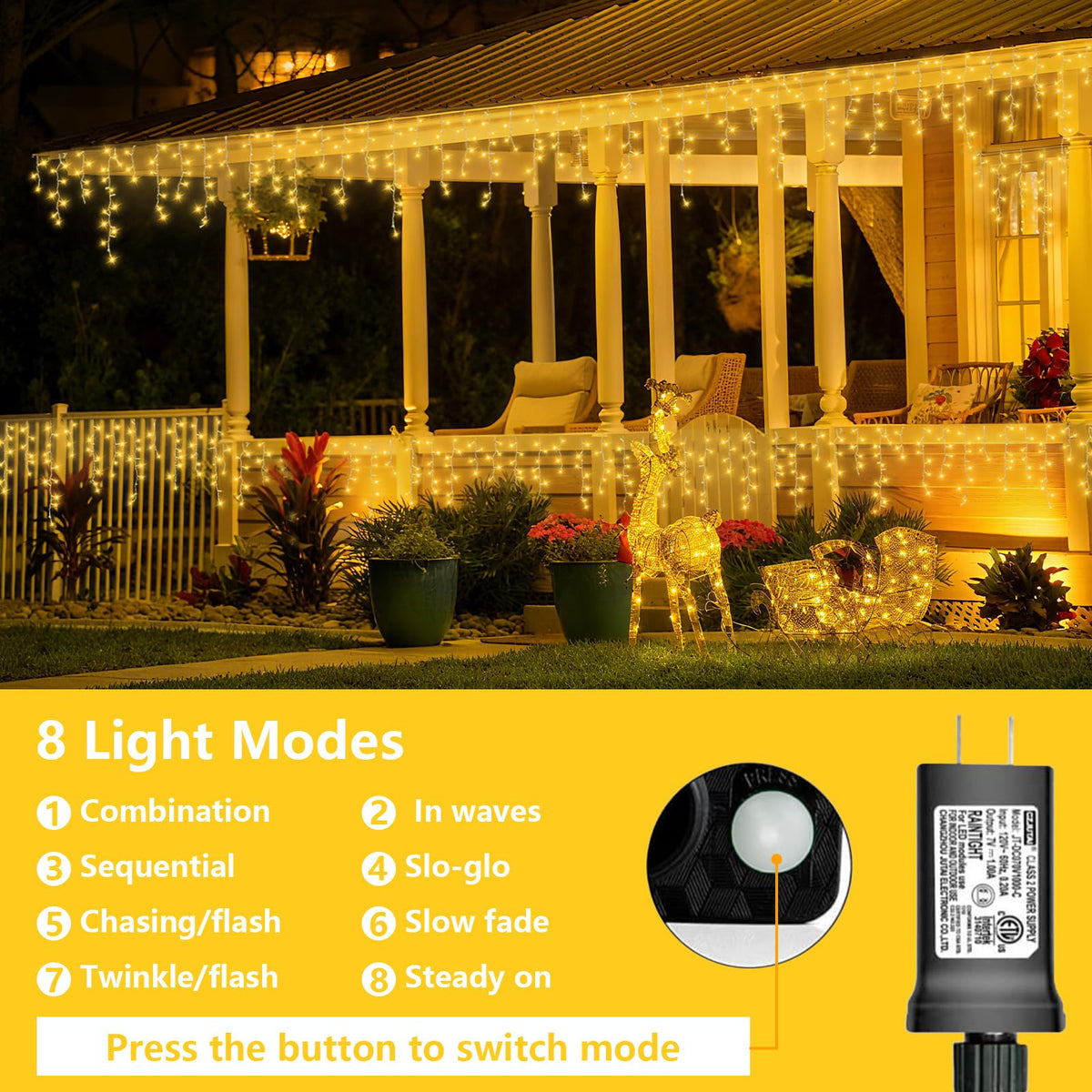 YEGUO 33ft 400 LED Icicle Lights Outdoor, 80 Drops Icicle Christmas Light Connectable, 8 Modes Warm White Xmas Icicle Lights with Timer Indoor