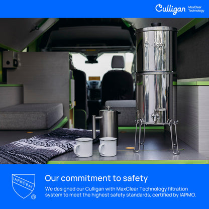Culligan MaxClear 2.25 Gallon Gravity Water Filter System, Polished Stainless-Steel Countertop Water Filter NSF/ANSI Certified to Reduce Microplastics, Lead & Total PFAS, with 2 Ceramic Filter