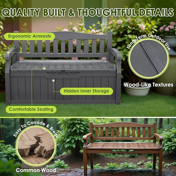 Greesum 80 Gallon Outdoor Storage Bench, Resin Patio Furniture with Armrest,Waterproof and UV-Resistant, Perfect to Garden, Poolside and Lawn, Dark Grey