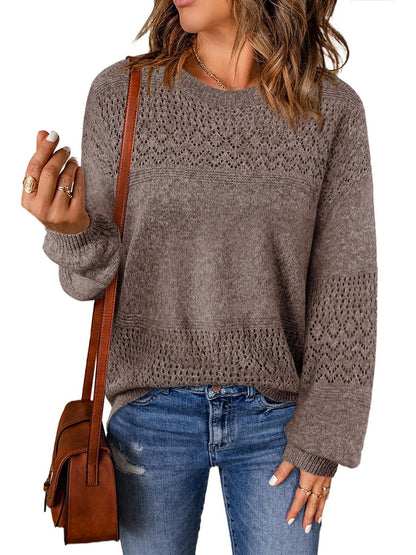 Lylinan Womens Sweaters Casual Boho Long Sleeve Shirts Crewneck Lightweight Crochet Tops Pullover Knit Sweater