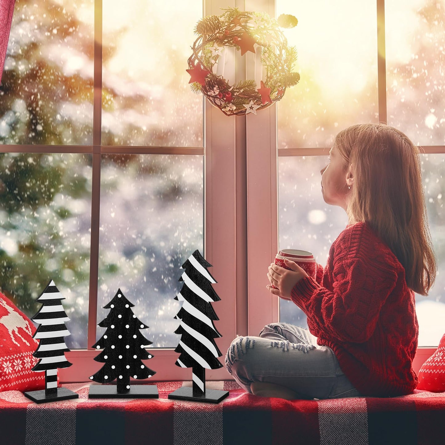 Meooeck 3 Pcs Christmas Table Decorations Wooden Christmas Tree Tabletop Centerpiece Signs Black and White Freestanding Handmade Wood Trees for Home Xmas Tabletop Party Decor