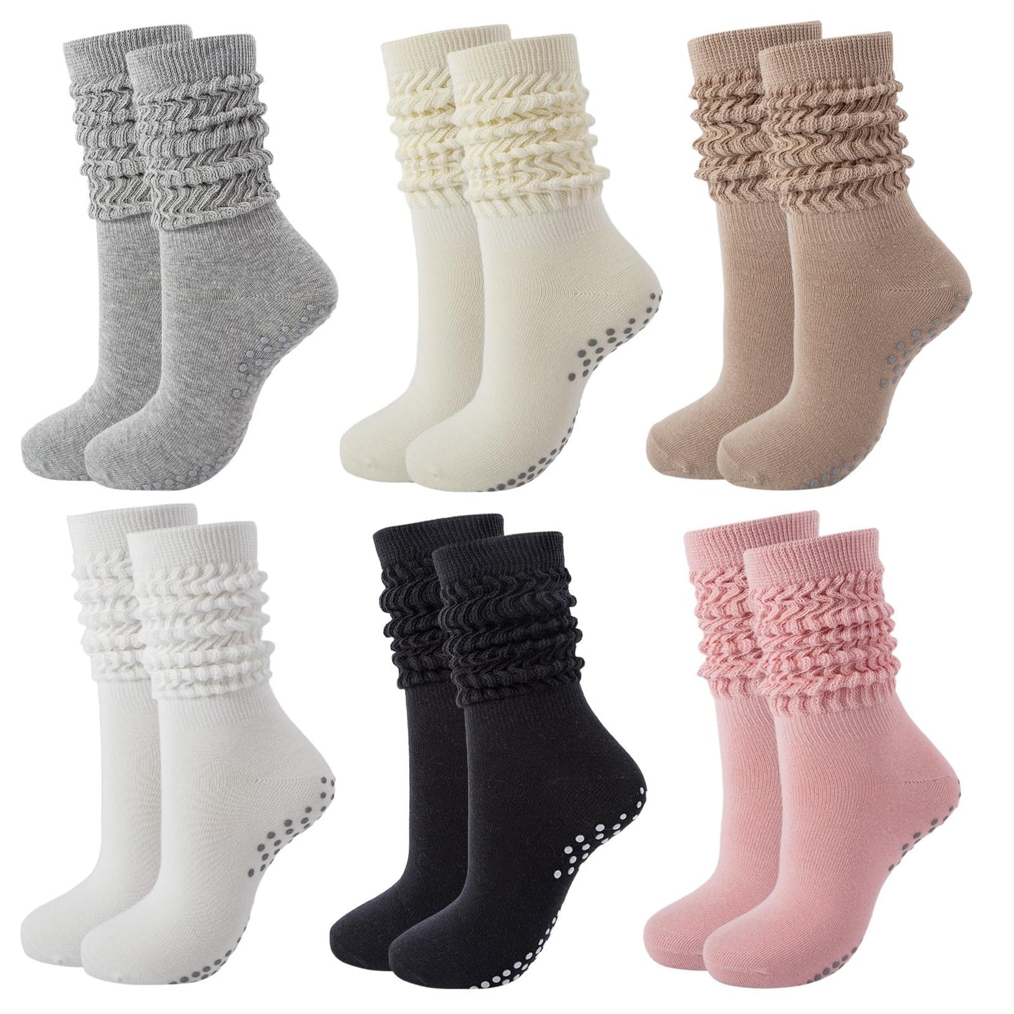 MKYSZLT 6 Pairs Grip Pilates Socks for Women Non Slip Grippy Slouch Scrunch Yoga Barre Socks with Grips Workout Hospital (1#(white,black,khaki,gray,pink,beige))
