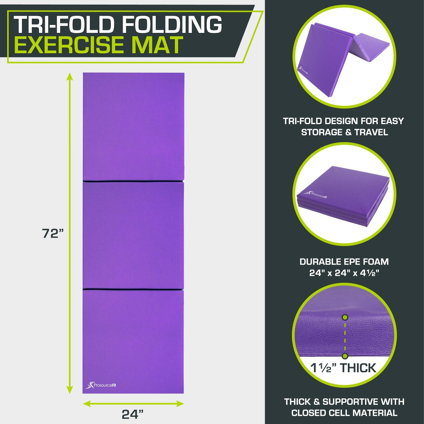 ProsourceFit Tri-Fold Folding Thick Exercise Mat 6’x2’ with Carrying Handles for MMA, Gymnastics Core Workouts