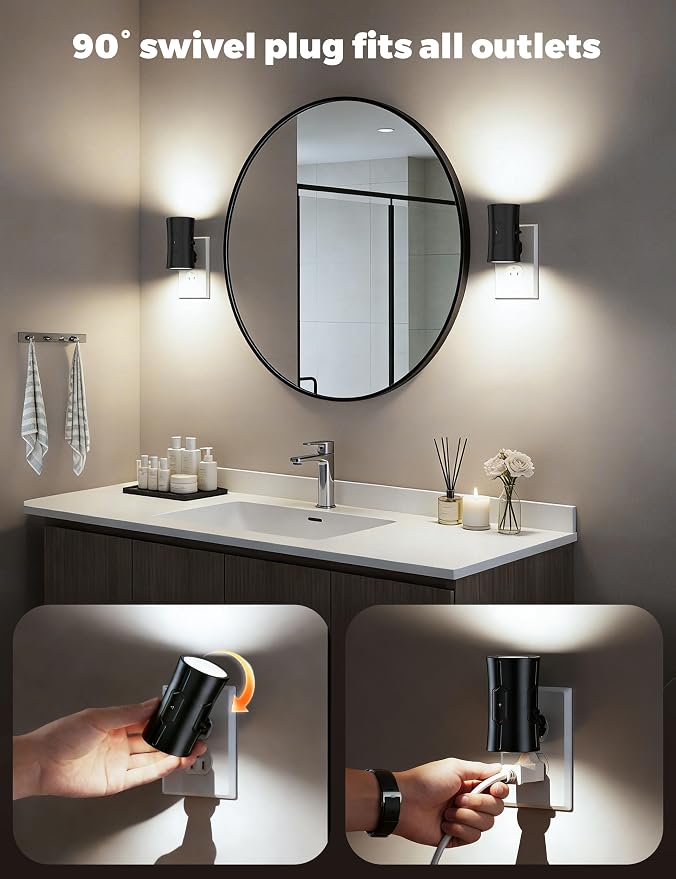 fesnne Night Light, 2-Pack Dimmable Plug-in Night Light with Auto On/Off & 90°Rotatable Plug, 0-100LM Adjustable Brightness,1W Ultra Low Energy for Bedroom, Hallway, Bathroom, Kids Room, White