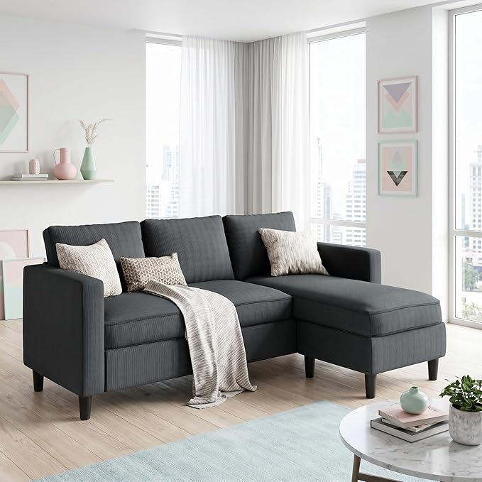 SUNLEI Small L-Shaped Sectional Couch, Modern Grey Couch