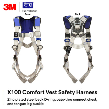 3M DBI-SALA ExoFit X100 Comfort Vest Safety Harness Fall Protection, OSHA, ANSI, General Purpose, 1 D-Ring, Tongue Buckle Leg Strap, Pass-through Chest Buckle, Zinc Plated Steel, 1401004, 2X