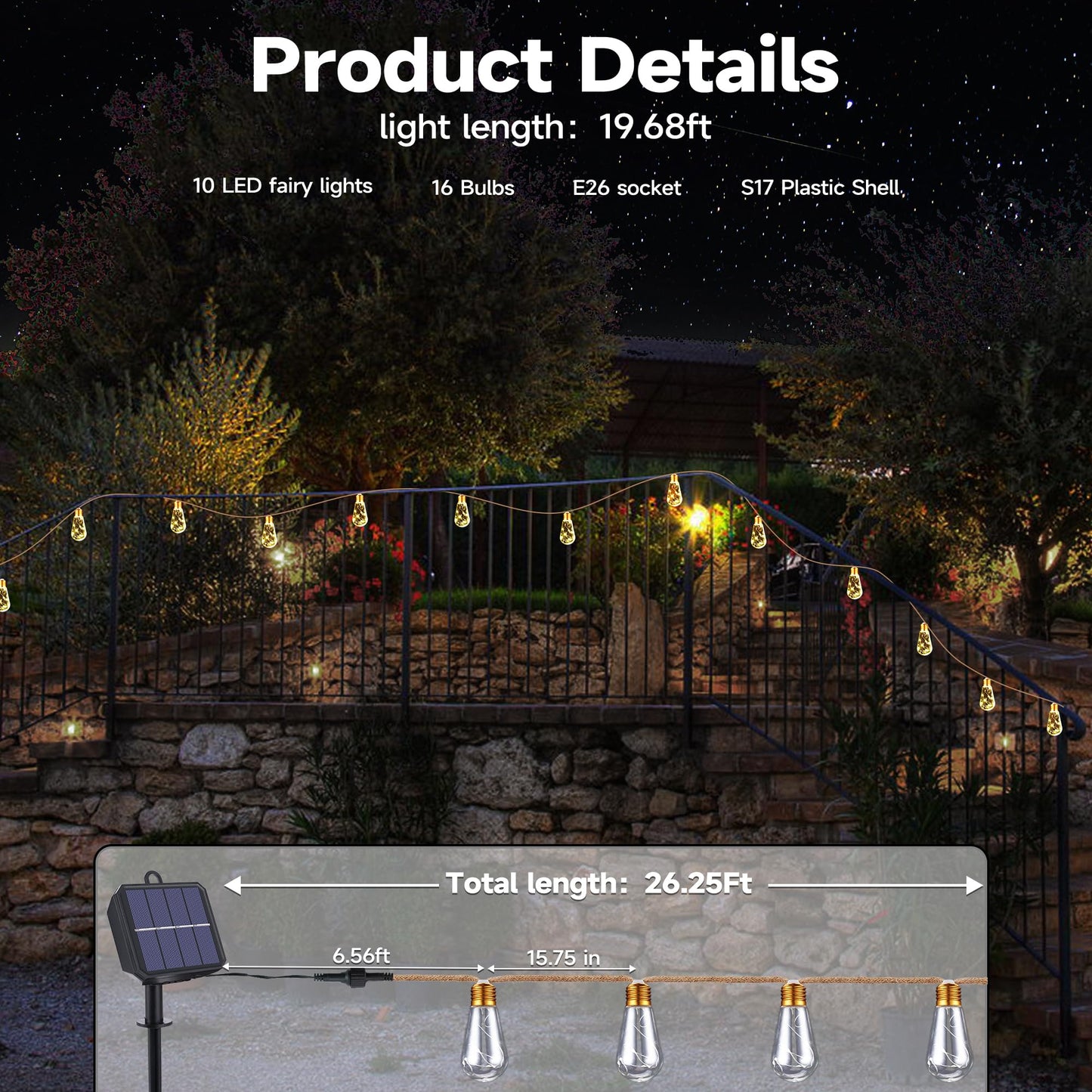 Solar Outdoor String Lights, 20Ft Vintage Rope Hemp Solar Patio Lights, Waterproof Warm White Solar Powered String Lights With 8 Modes 16 Shatterproof Bulbs for Garden Fence Stairs Balcony Café Bistro