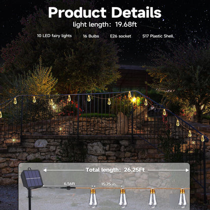 Solar Outdoor String Lights, 20Ft Vintage Rope Hemp Solar Patio Lights, Waterproof Warm White Solar Powered String Lights With 8 Modes 16 Shatterproof Bulbs for Garden Fence Stairs Balcony Café Bistro