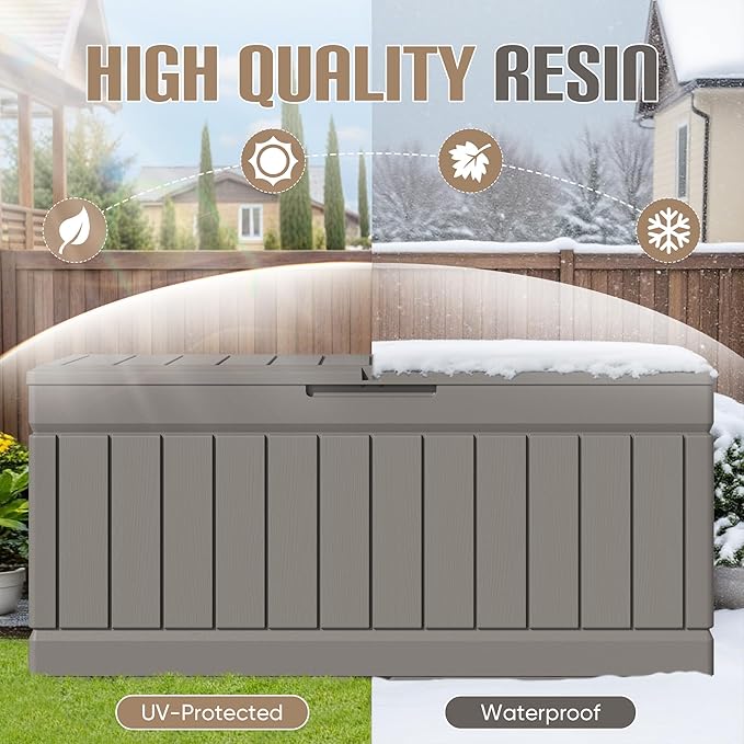 JUMMICO 78 Gallon Outdoor Deck Box Large Resin Storage Box for Patio Furniture Cushions and Garden Tools (Light Brown)