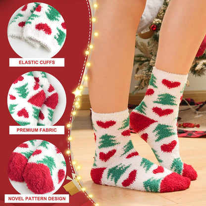 Plush Slipper Socks Women - Christmas Warm Fuzzy Crew Socks Cozy Soft 6 Pairs for Winter Indoor