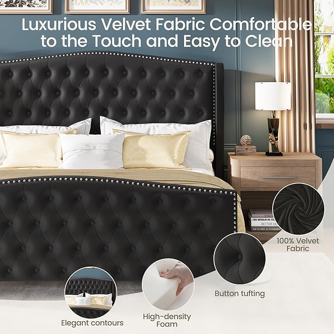 LARMACE King Size Bed Frame Velvet Upholstered Platform Bed
