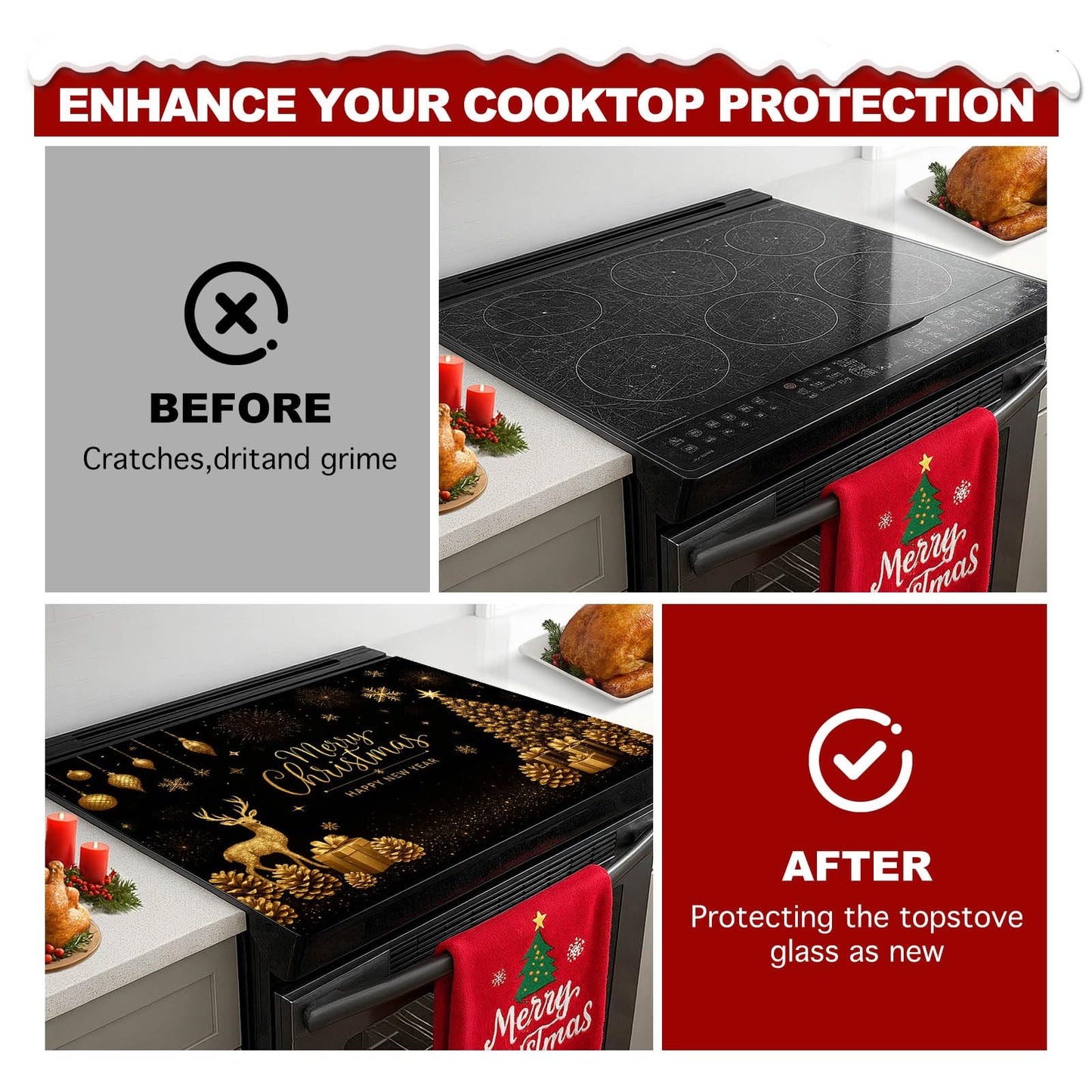 HOMETITUTE Christmas Stove Top Cover 28x20 Inch Glass Top Protector Silicone Cooktop Mat Heat Resistant Stovetop Cover Golden Deer Tree Holiday Kitchen Decoration