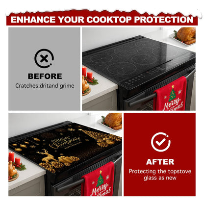 HOMETITUTE Christmas Stove Top Cover 28x20 Inch Glass Top Protector Silicone Cooktop Mat Heat Resistant Stovetop Cover Golden Deer Tree Holiday Kitchen Decoration