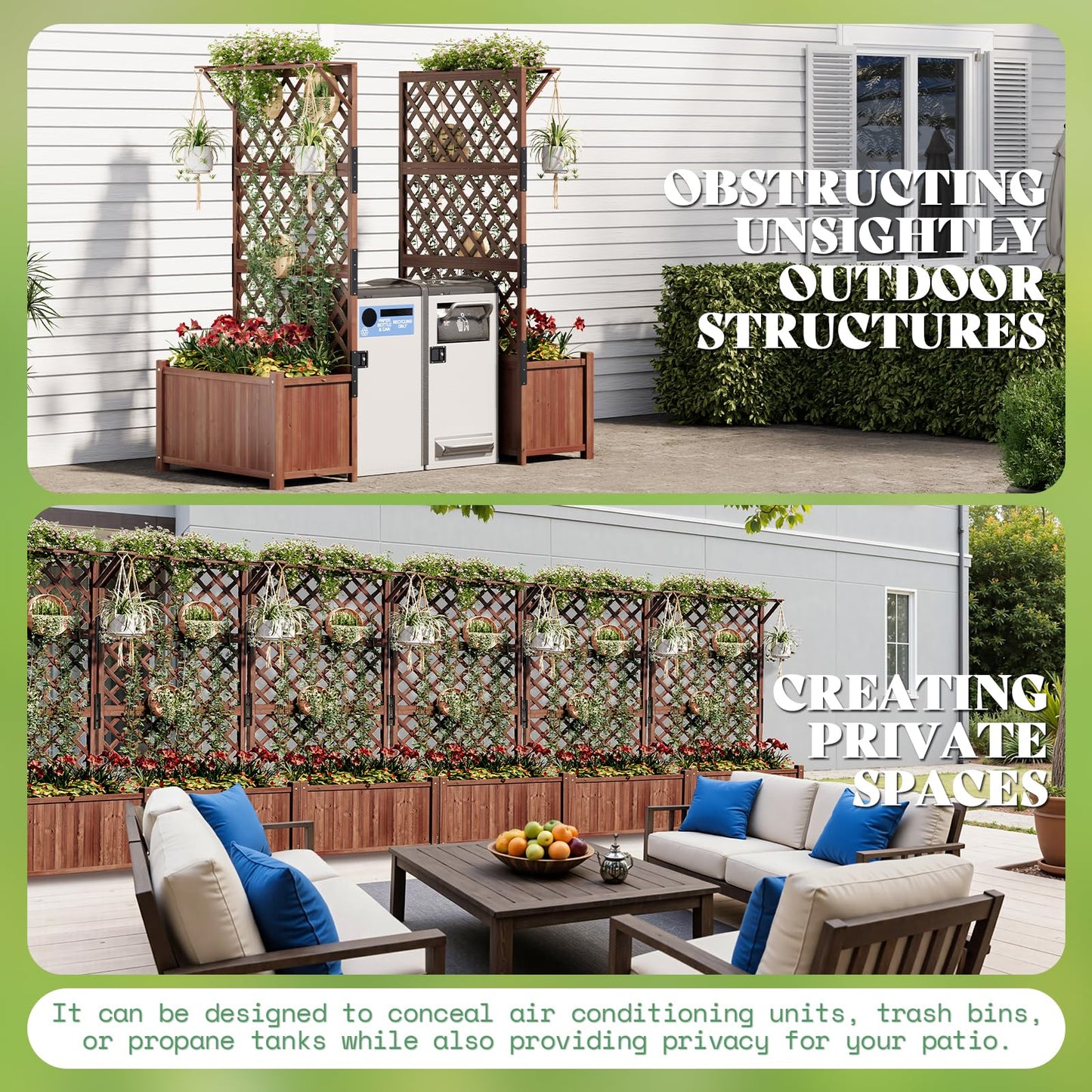 AMERLIFE 2 Pack Raised Garden Bed with Trellis for Vegetables, Climbing Plants, Durable Natural Wood Planter Box with Drainage Holes, Privacy Planter for Outdoor Yard & Patio, Easy Assembly