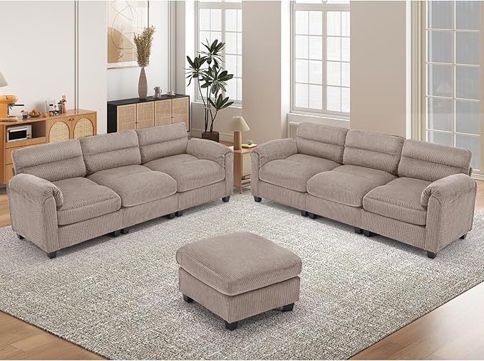 HAOMARKETS Corduroy Sofa Set, Upholstered Ottoman and 3-Seater Couch Set of 2