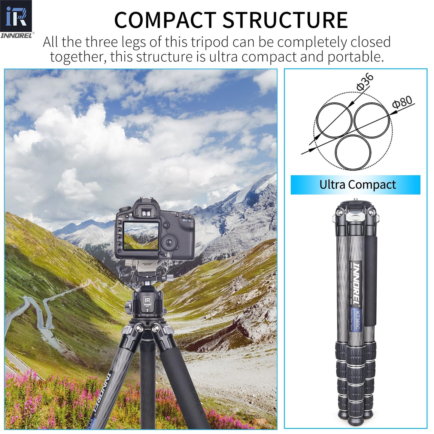 INNOREL KT365C Compact Carbon Fiber Camera Tripod 36mm Max Tube Professional 5 Sections Travel Tripod for Digital DSLR Video Camcorder Heavy Duty Camera Stand Load 66.1lb/30kg with Center Column