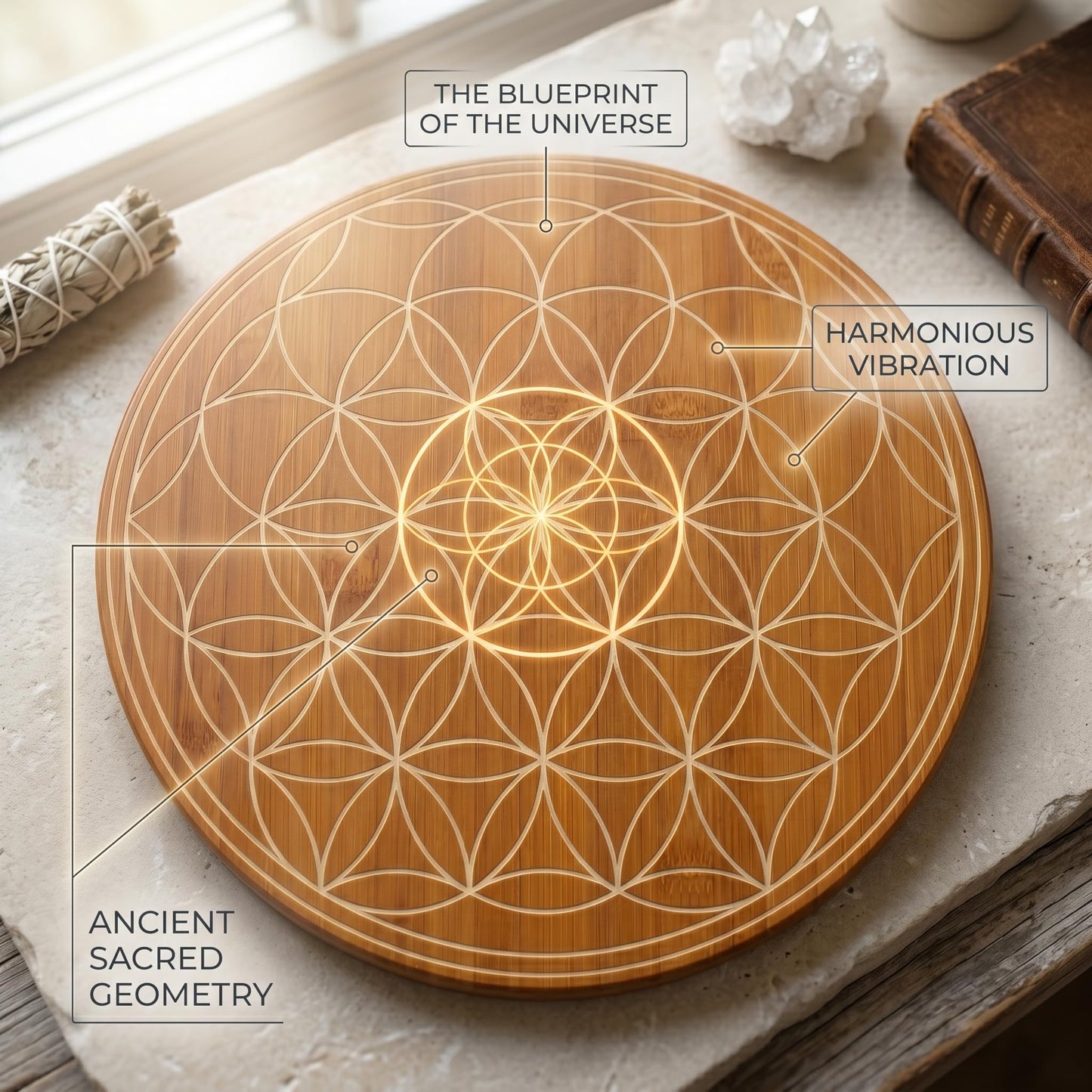 Bamura Flower of Life Crystal Grid Board 10" - Walnut Finished Bamboo Sacred Geometry Wall Art for Harmony & Zen Decor, Energy Stone Altar Plaque art work