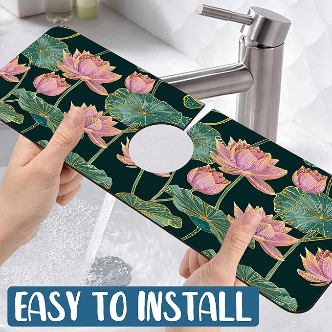 Lotus Pond Pattern Sink Splash Guard Faucet Mat Lotus Flowers Leaves Super