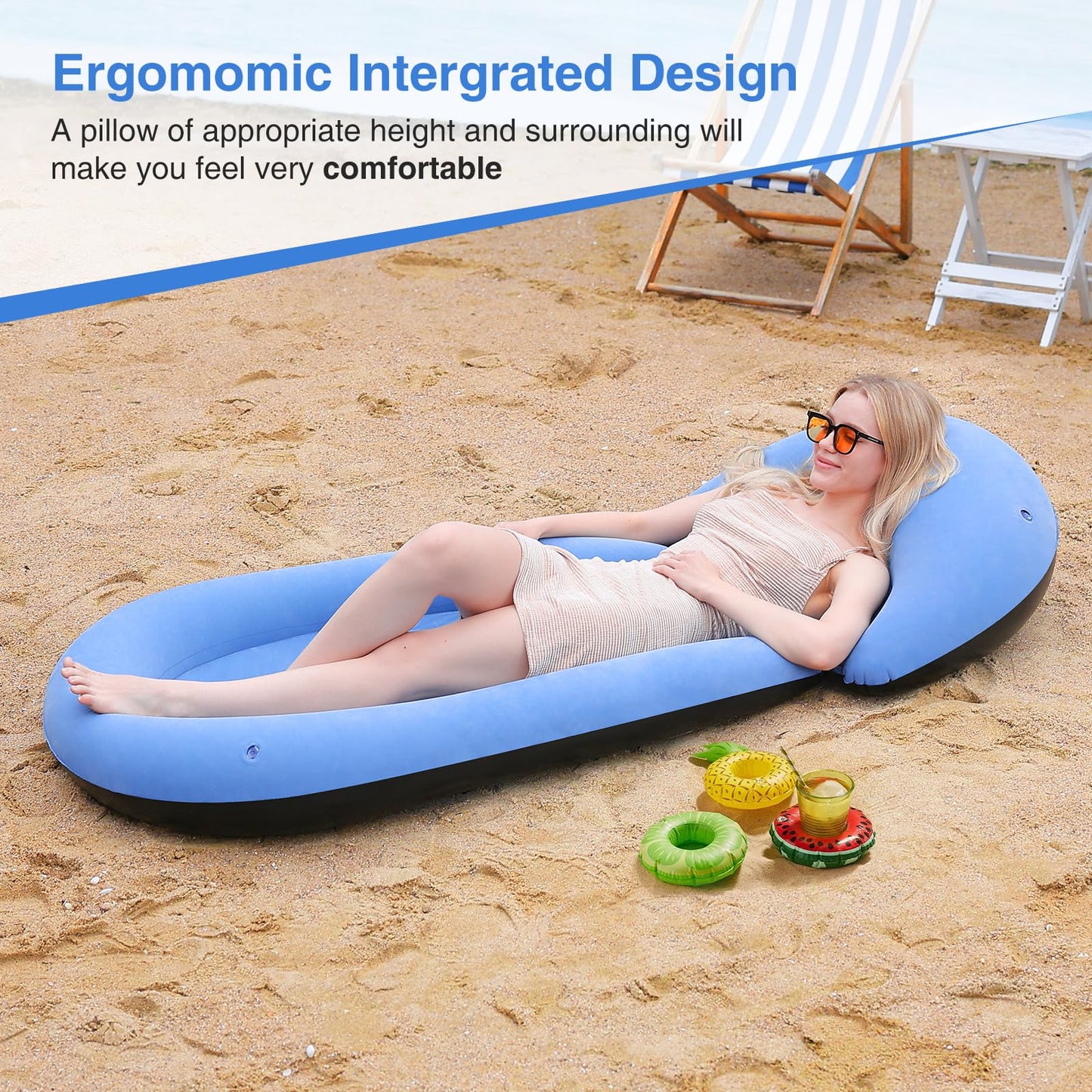 ROUSKY Inflatable Beach Mat, 70 x 29 Inch, Flocked Surface, Pillow Surround (Blue)