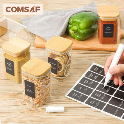 ComSaf 6Pcs 240ml Glass Spice Jars with Lids and Label, Glass Spice Bottle with Bamboo Lids Supplementary Set, Small Spice Container, Perfect for Ktichen Starter