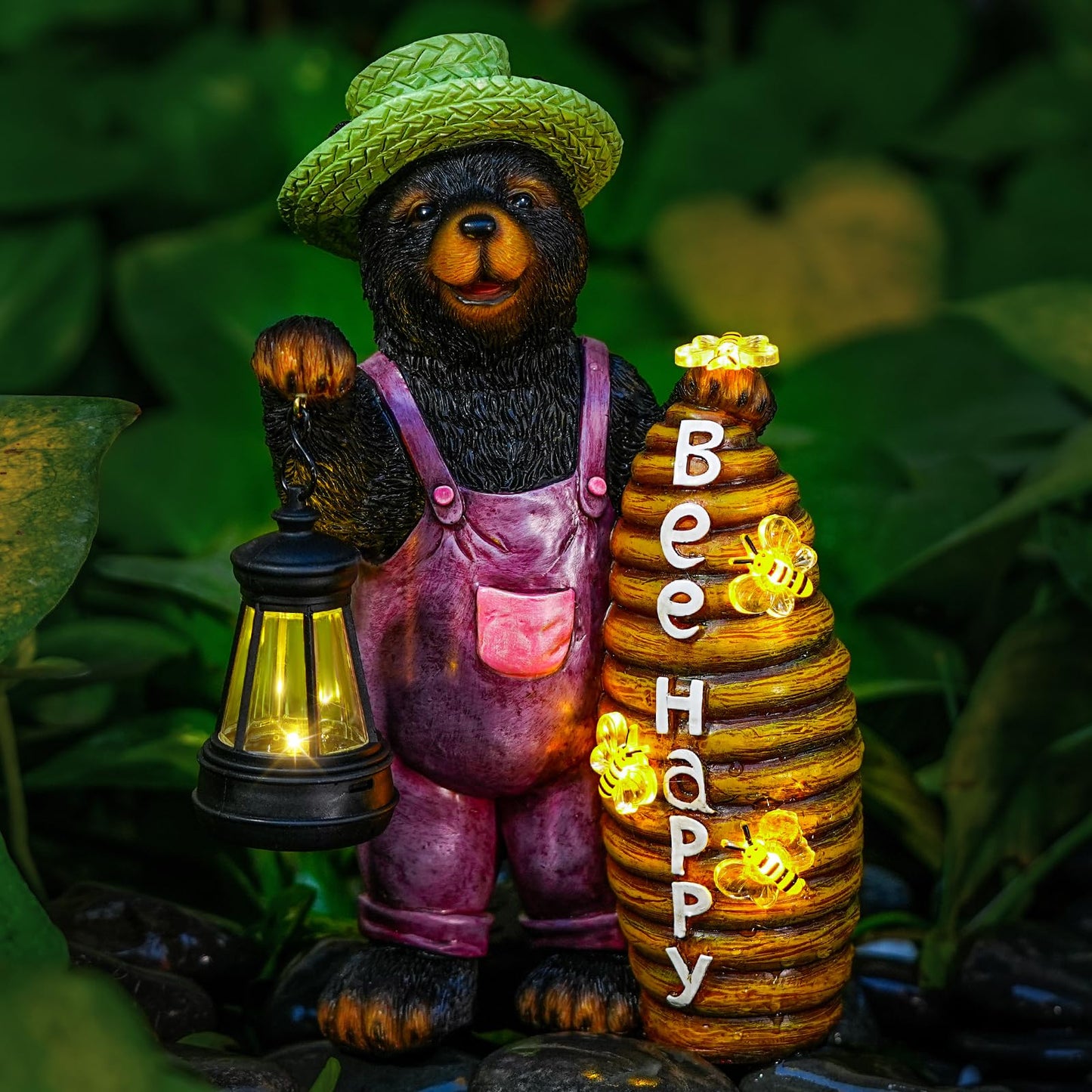 Joint Honglin Solar Black Bear Garden Statue with Lighted Beehive & Lantern, Resin Bear Holding Honey Bee Hive, Outdoor Waterproof Solar Garden Decor, Yard Lawn Patio Porch Farmhouse Decoration