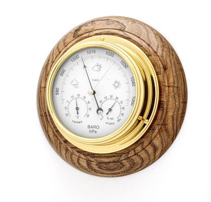 Tabic Brass Barometer with Built in Hygrometer and Thermometer Mounted on an English Oak Mount, Heavy Lacquered Brass (1/2kg), Sailing Ship Yacht Boating Clock, Handmade in England