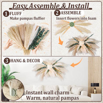 36-38" Large Pampas & Eucalyptus Wall Decor, DIY Artificial Roses & Natural Dried Boho Hanging Flowers for Wall, Mirror, Wedding Arch, Entryway Decor, Gift, Requires Assembly & Easy Install