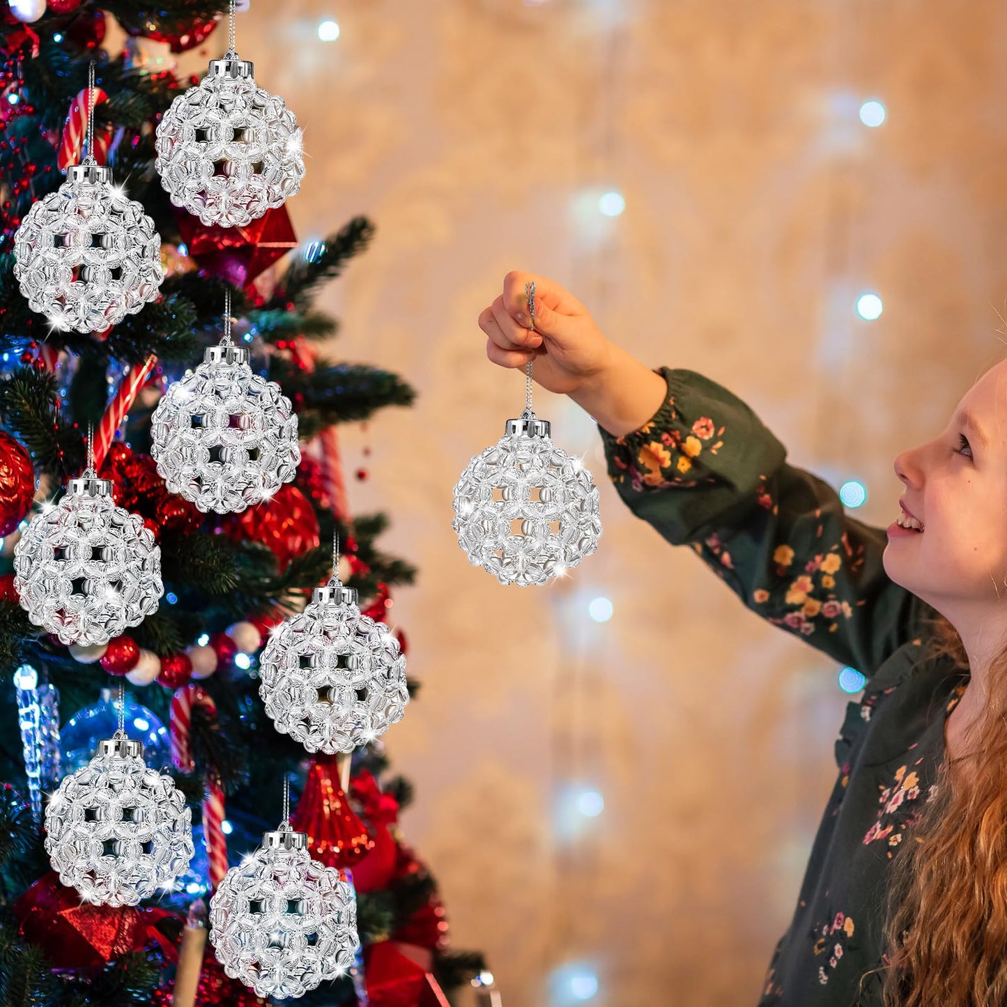 Norme 6 Pcs Beaded Crystal Christmas Balls Ornaments Handmade Ball 3.15 Inch Christmas Tree Decorations Hanging Acrylic Crystal Ornament for Xmas Wedding Party Holiday Decor
