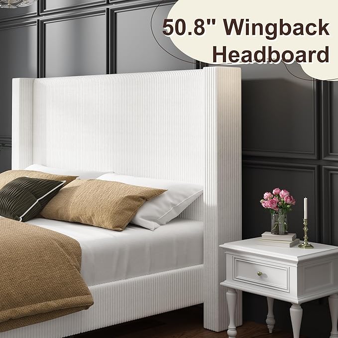 HOWE King Size Bed Frame with 50.8" Tall Wingback Headboard, Modern Corduroy