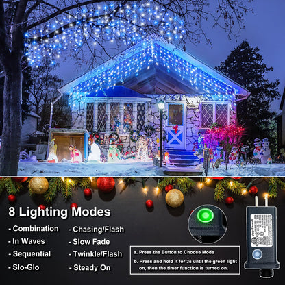 Icicle Lights for Outside - 33FT 400 LED Icicle Christmas Lights Outdoor with 75 Drops 8 Modes Timers, Waterproof Connectable Hanging Lights for Indoor Roof Yard Xmas Decorations, Blue and White