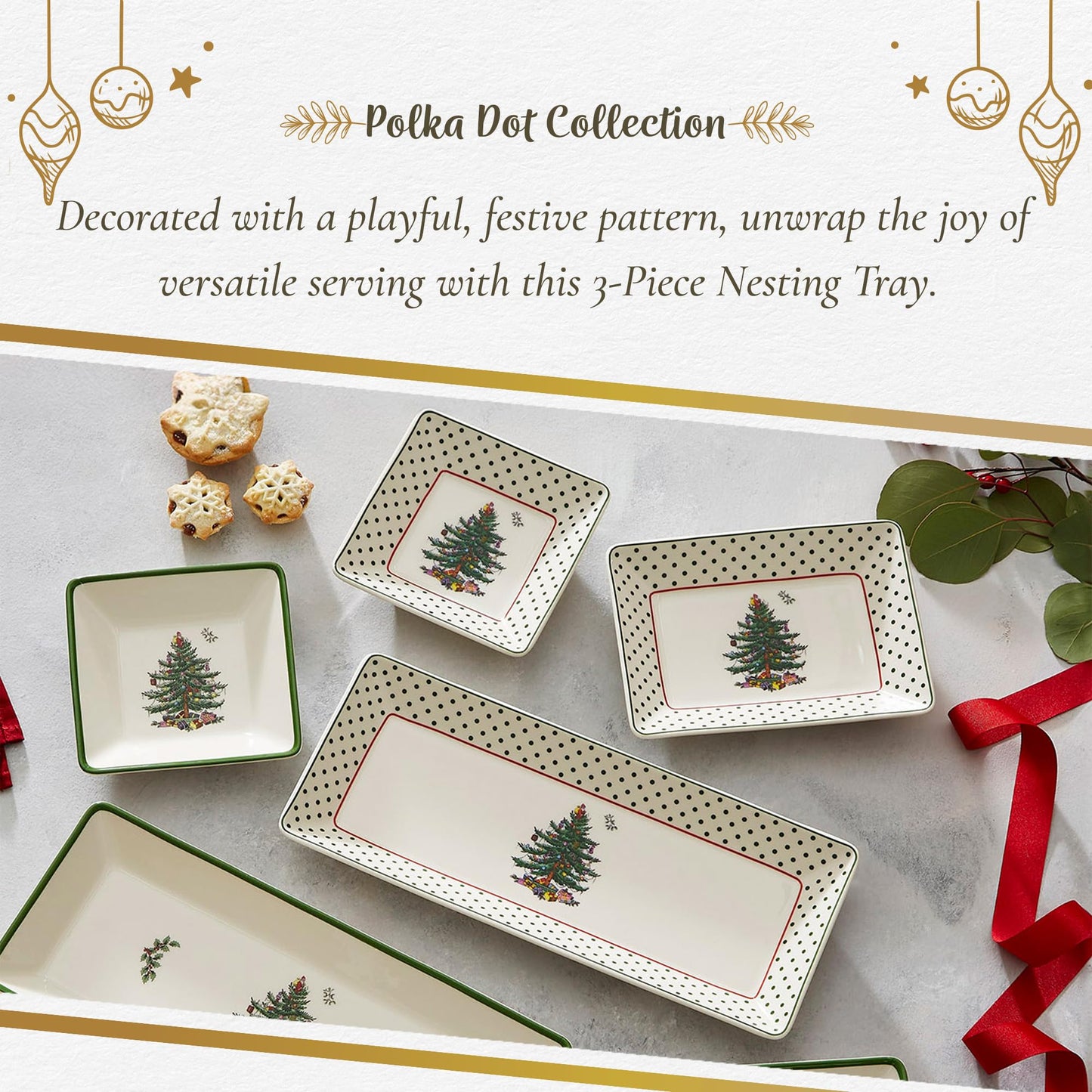 Spode Christmas Tree 3-Piece Dessert Trays, Polka Dot - Holiday Dinnerware & Decorative Nesting Trays, Holiday Winter Serving for All Parties & Occasions - for Snacks, Appetizers, Cookies