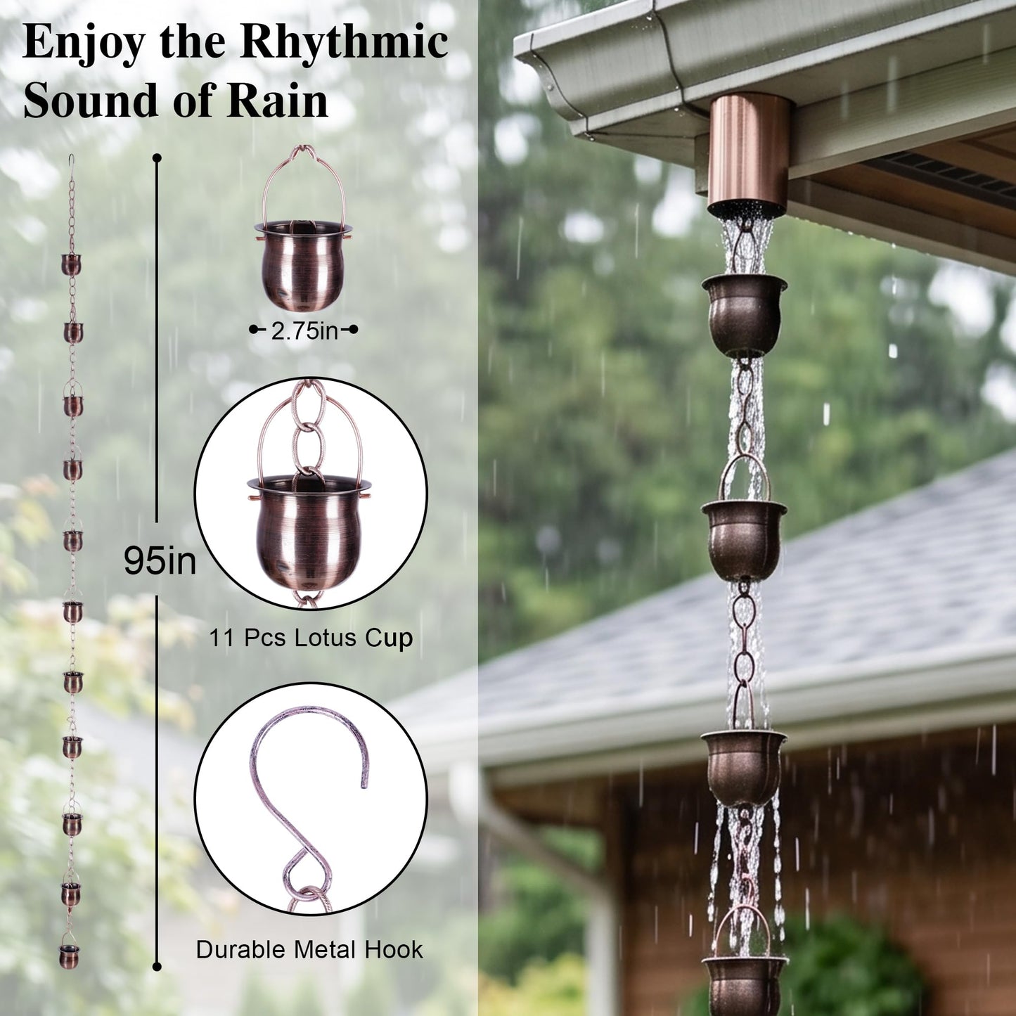 TZSSP 7.9FT Rain Chain for Gutters Downspouts, Heavy Duty Weatherproof Metal Rain Catcher, 11 Pot Cups Decorative Functional Outdoor Replacement