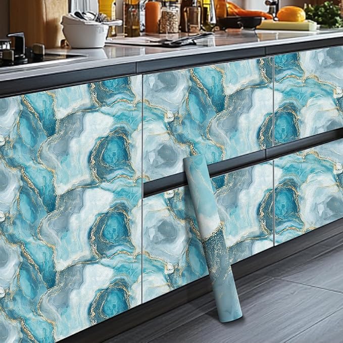 HOMETITUTE Teal Agate Marble Wallpaper Peel and Stick Blue Stone Pattern