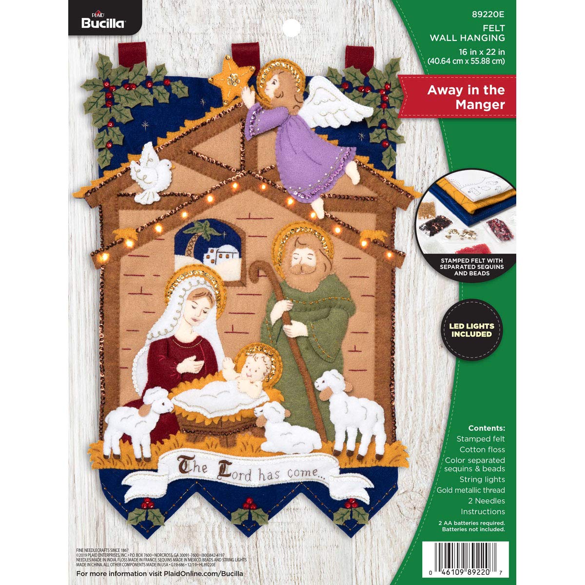 Bucilla 89220E Felt Applique Christmas Wall Hanging Kit, 16" x 22", Away in The Manger