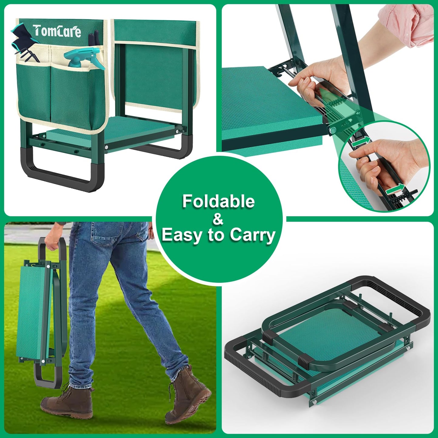 TomCare Garden Kneeler and Seat Upgraded 10.24" Wide Kneeling Pad Garden Bench with 2 Large Tool Bags Heavy Duty Foldable Garden Stool Tools Gardening Gifts for Women Men Seniors Gardeners