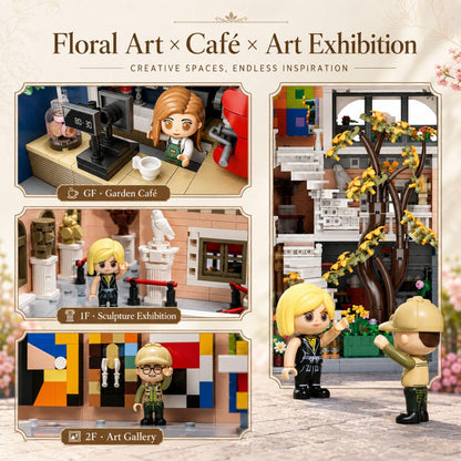 PANTASY Blossom Café Modular Building Set, 3-Story European Glasshouse Landmark with Café, Art Gallery & Floral Atrium, Openable Glass Door Design, Collectible Architecture Model Kit for Adults