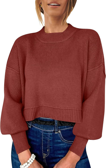 ANRABESS Womens Cropped Sweaters Oversized Crewneck Long Batwing Sleeve Side Slit Ribbed Knit Pullover Tops 2025 Fall Clothes
