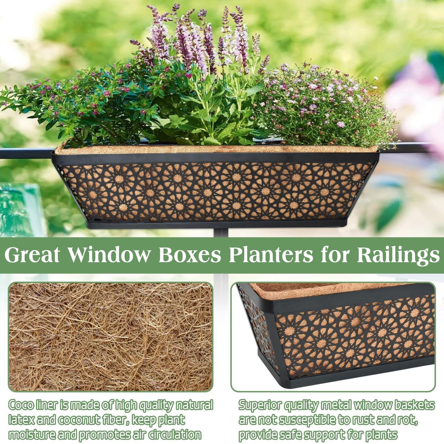 Halatool 24 Inch Window Boxes Planters, 2 Pack Sturdy Metal Deck Flower Railing Planter Box with Coco Liners for Indoor Outdoor Decor, Adjustable Rail Planter for Window Fence Porch Balcony Patio Lawn