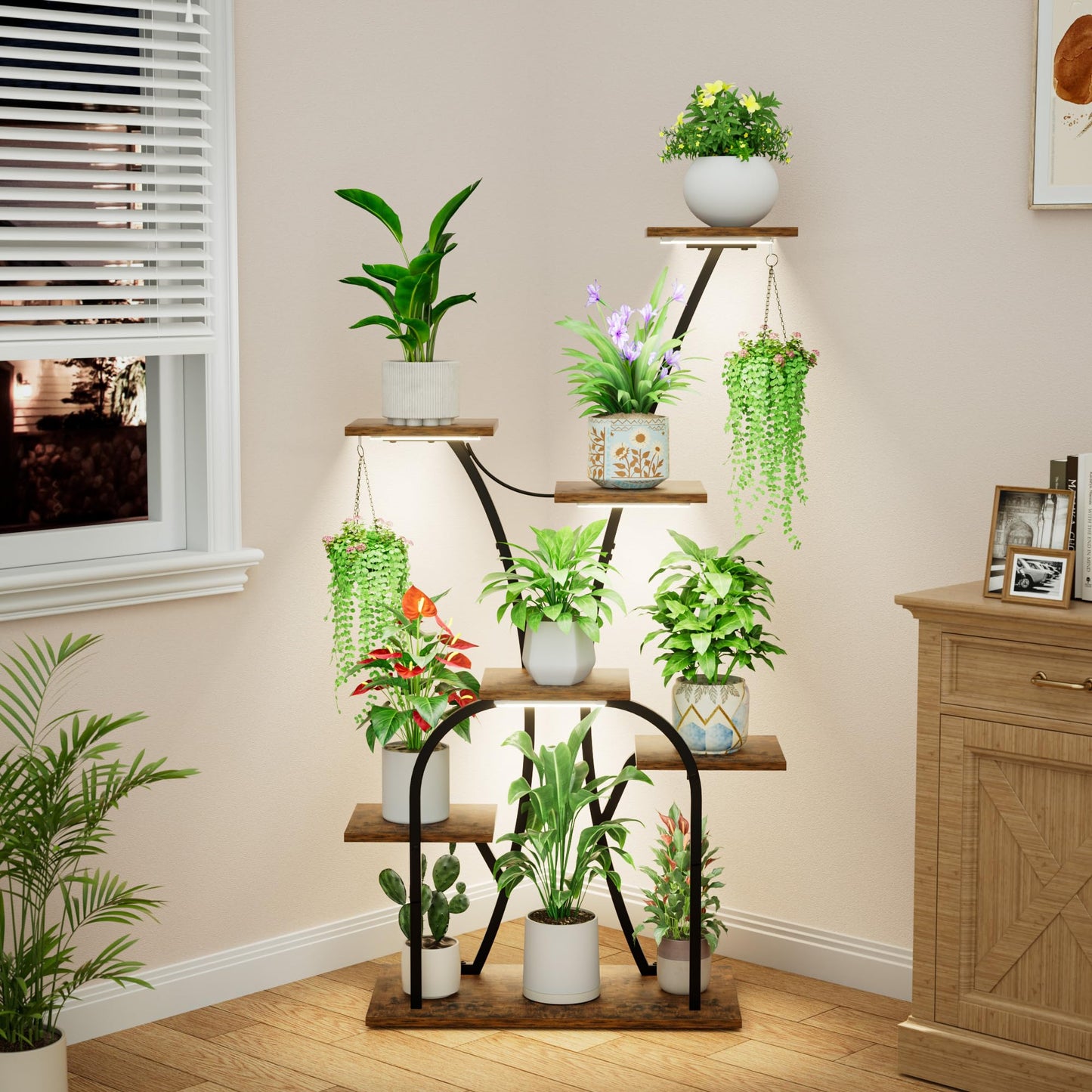 Plant Stand Indoor with Grow Lights, 7 Tiered Plant Shelf Indoor, 50'' Corner Plant Stands for Indoor Plants, Metal Plant Display Shelves Lighted Flower Holder, Plant Rack for Living Room, Black