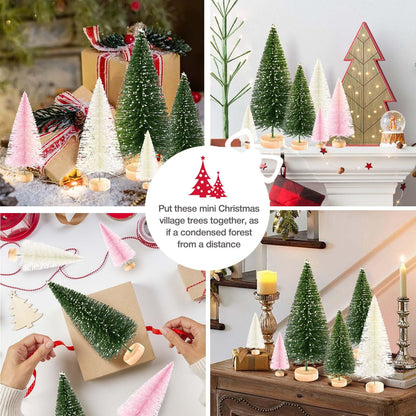 9Pcs Mini Christmas Trees Christmas Decor Artificial Christmas Decorations with 4 Sizes, Christmas Tree Bottle Brush Trees Christmas Table Decorations (Green Beige Pink)