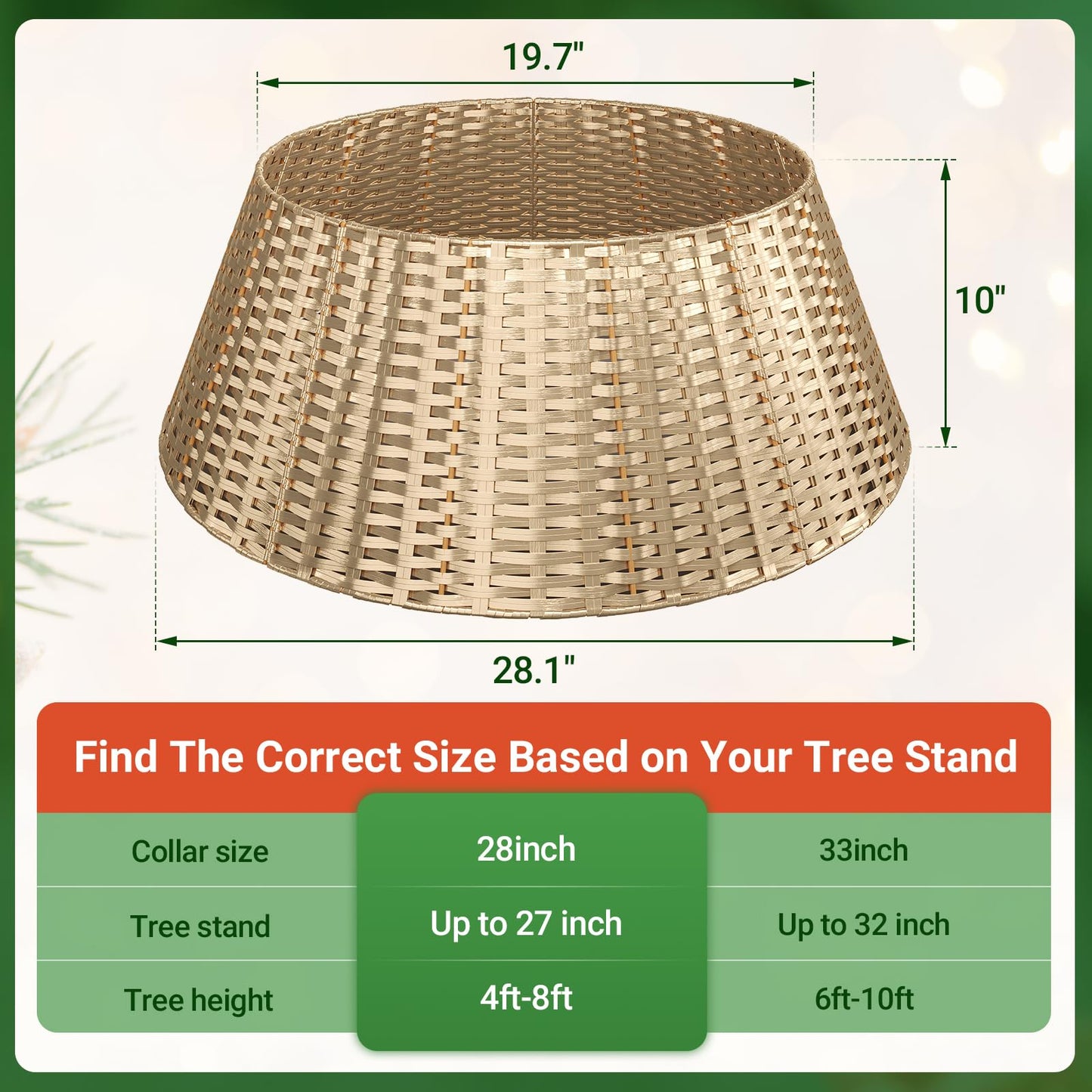 ELYKEN Gold Christmas Tree Collar, 28 Inch Woven Xmas Tree Skirt for 7.5 ft Trees, Stylish Rustic Basket for Tree Base Cover with Cord Cut-Out for Pencil Trees, Easy Assembly