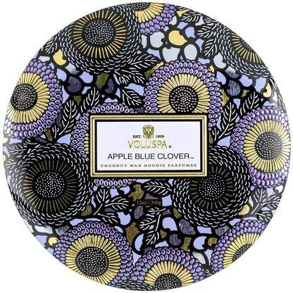 Voluspa Apple Blue Clover Candle | 3 Wick Tin | 12 Oz. | Coconut Wax for Clean Burning
