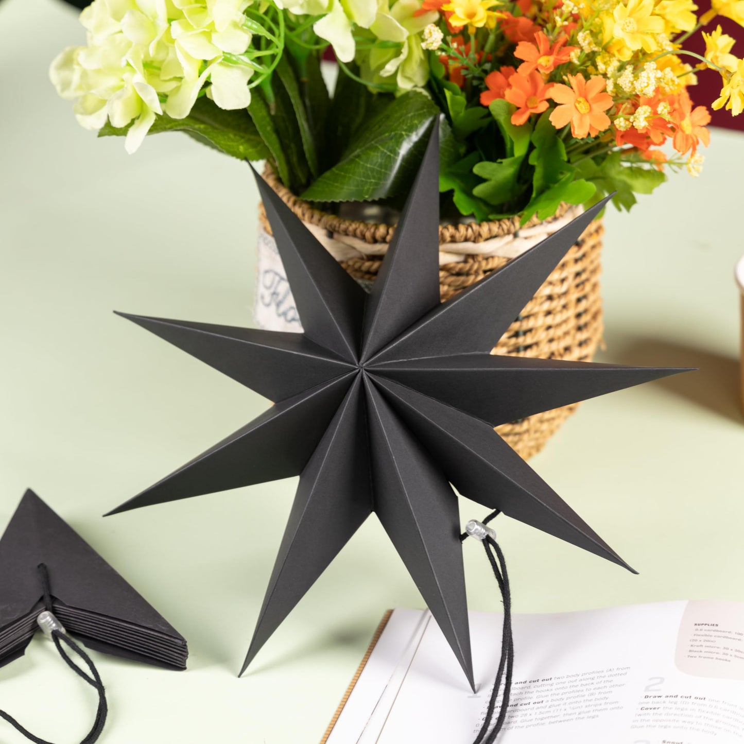 SUNBEAUTY 5 Pcs 9-Pointed Black Paper Star Lanterns 12 Inch Hanging Lamp Black Paper Funeral Decorations Christmas Birthday Home Holiday Party Decorations