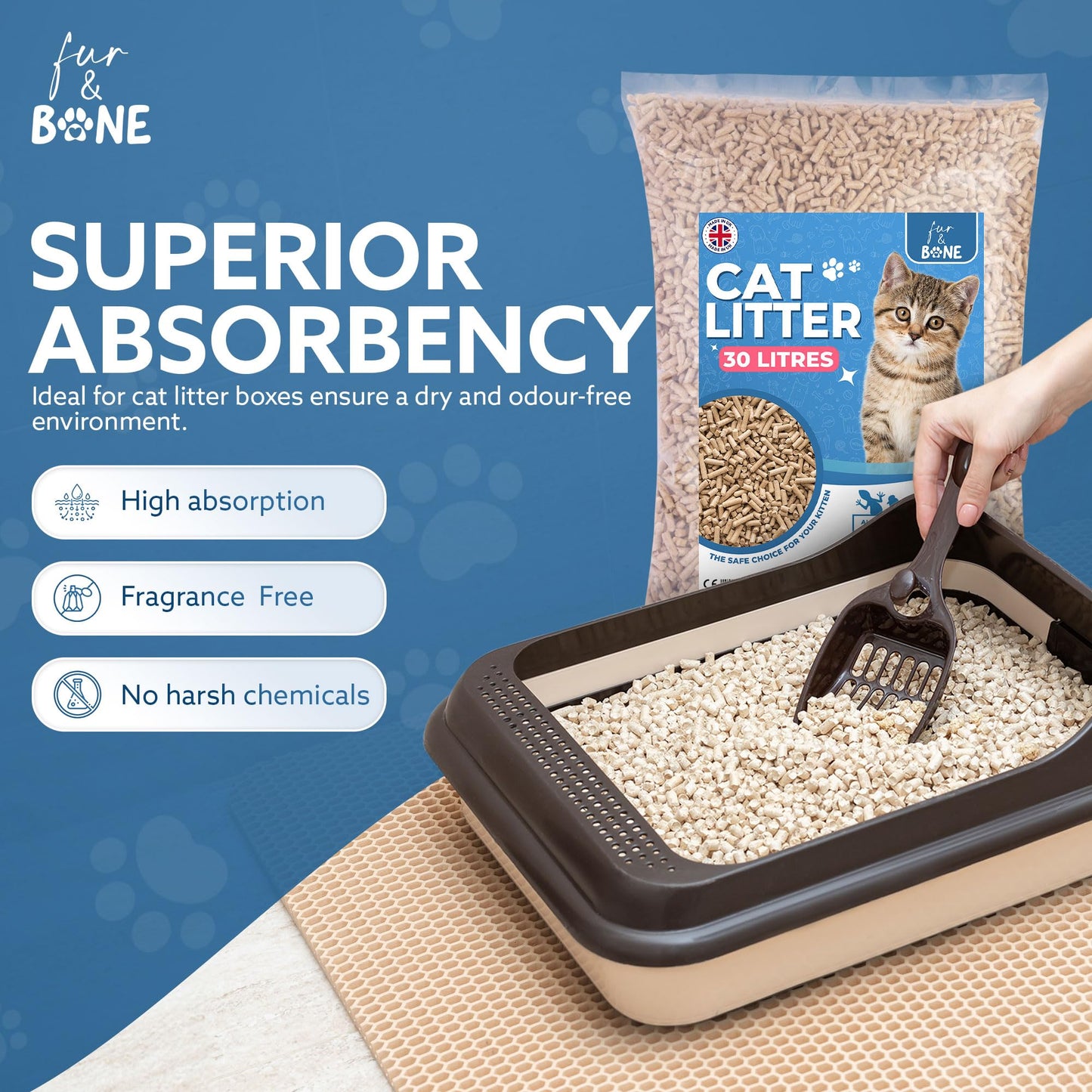 Fur & Bone 1 x 30L Cat Litter - Ultra Absorbent Biodegradable Wooden Pellets, Natural Scent, Odour Control, Soft Bedding for Comfort, Made from Virgin Wood - Scandinavian Timber Aroma