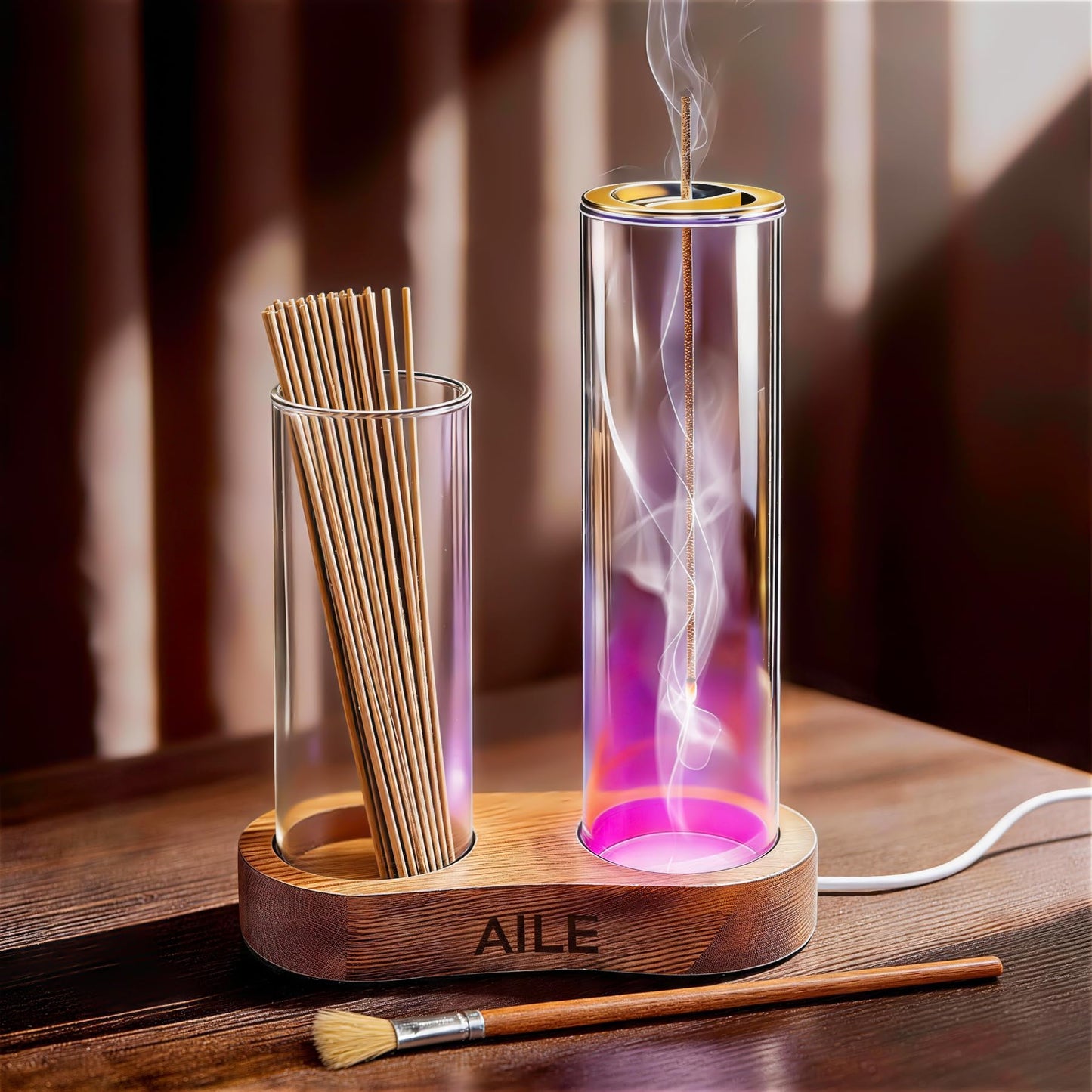 2 in 1 Incense Holder for Sticks, Glass LED Glowing Incense Burner Holder with Ash Catcher & Incense Sticks Organizer for Meditation Yoga Spa Home Decor